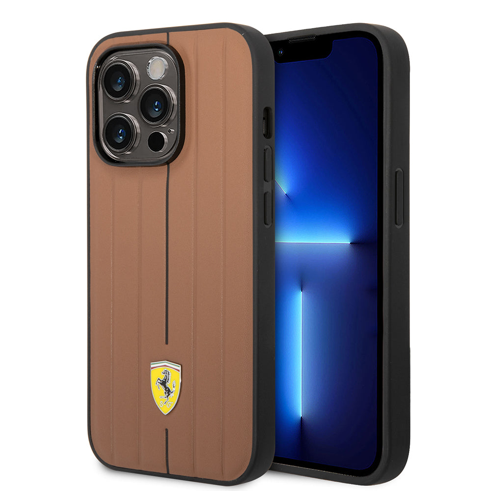 iPhone 14 Pro Max Kılıf Ferrari Orjinal Lisanslı Deri Arka Yüzey Metal Logolu Şerit Tasarımlı Kapak