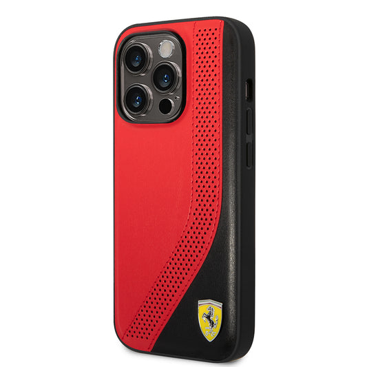iPhone 14 Pro Max Kılıf Ferrari Orjinal Lisanslı Metal Logolu Deri Delikli Dikişli Dizayn Kapak
