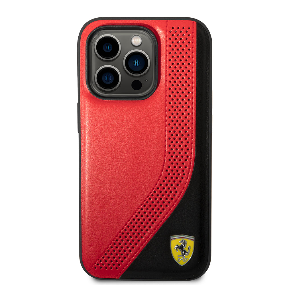 iPhone 14 Pro Max Kılıf Ferrari Orjinal Lisanslı Metal Logolu Deri Delikli Dikişli Dizayn Kapak