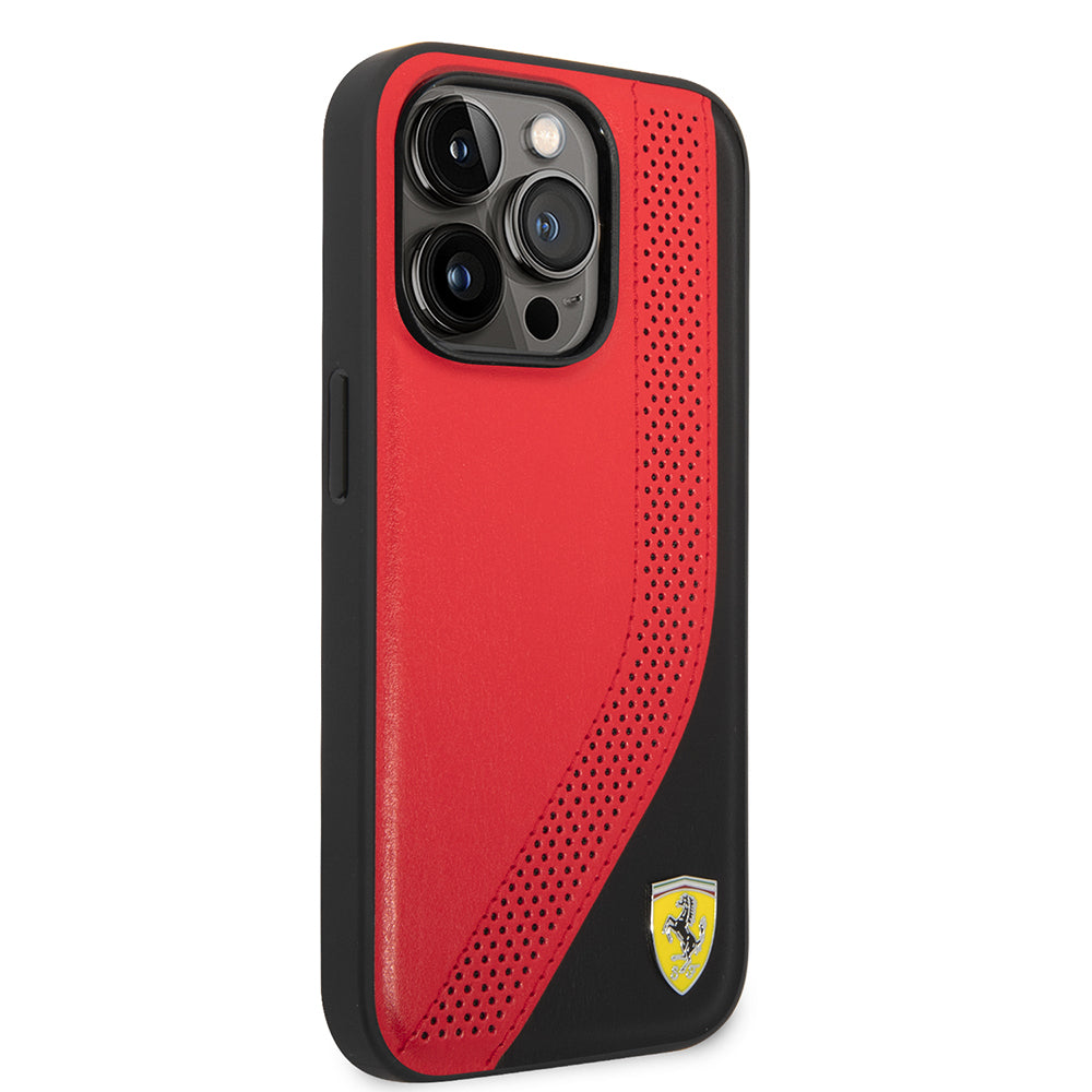 iPhone 14 Pro Max Kılıf Ferrari Orjinal Lisanslı Metal Logolu Deri Delikli Dikişli Dizayn Kapak