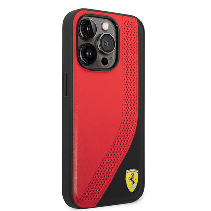 iPhone 14 Pro Max Kılıf Ferrari Orjinal Lisanslı Metal Logolu Deri Delikli Dikişli Dizayn Kapak
