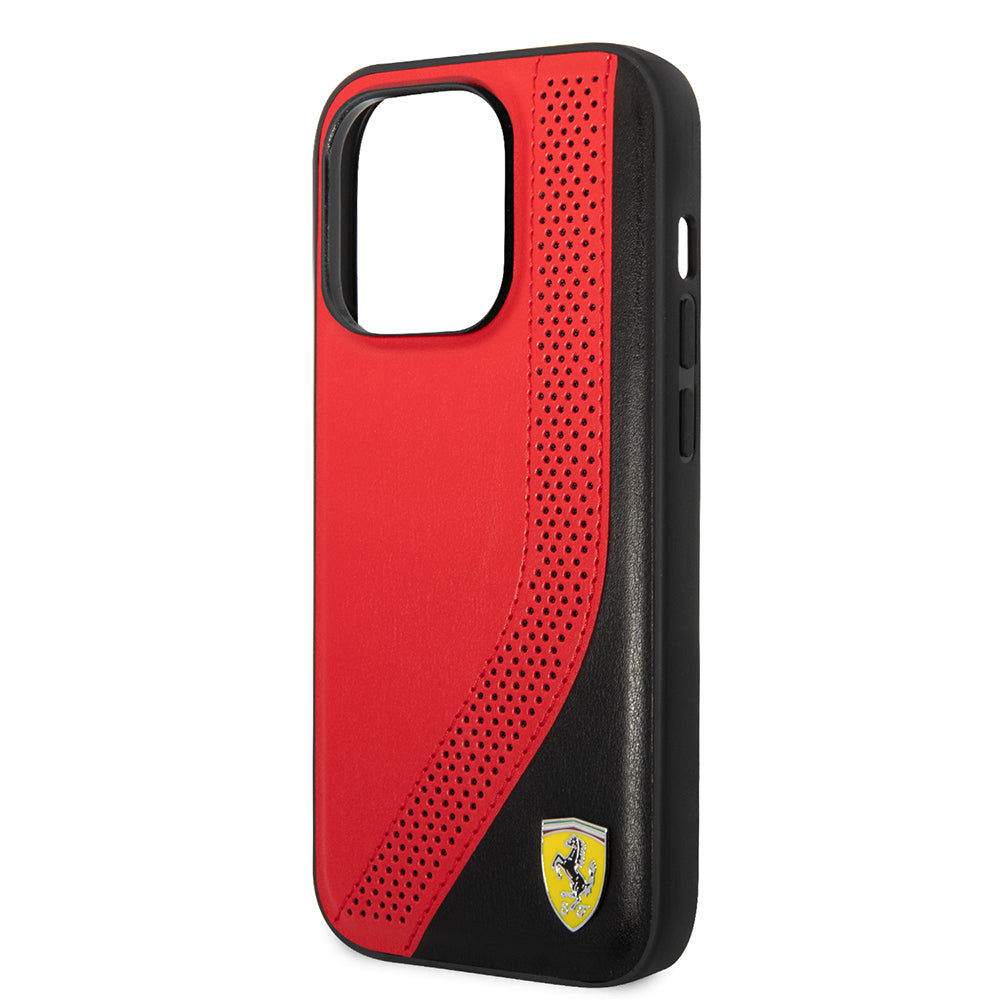 iPhone 14 Pro Max Kılıf Ferrari Orjinal Lisanslı Metal Logolu Deri Delikli Dikişli Dizayn Kapak