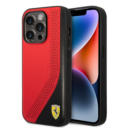 iPhone 14 Pro Max Kılıf Ferrari Orjinal Lisanslı Metal Logolu Deri Delikli Dikişli Dizayn Kapak