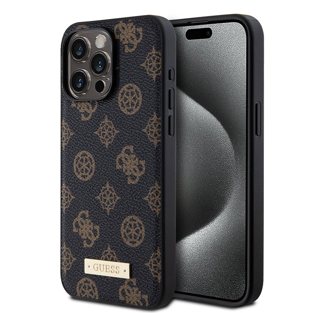 iPhone 14 Pro Max Kılıf Guess M-safe Şarj Özellikli PU Deri Desenli Metal Plaka Logolu Kapak