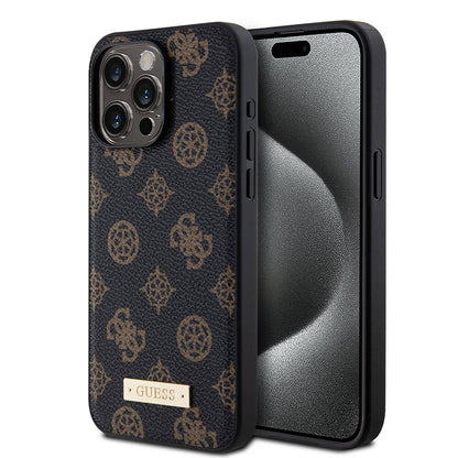 iPhone 14 Pro Max Kılıf Guess M-safe Şarj Özellikli PU Deri Desenli Metal Plaka Logolu Kapak