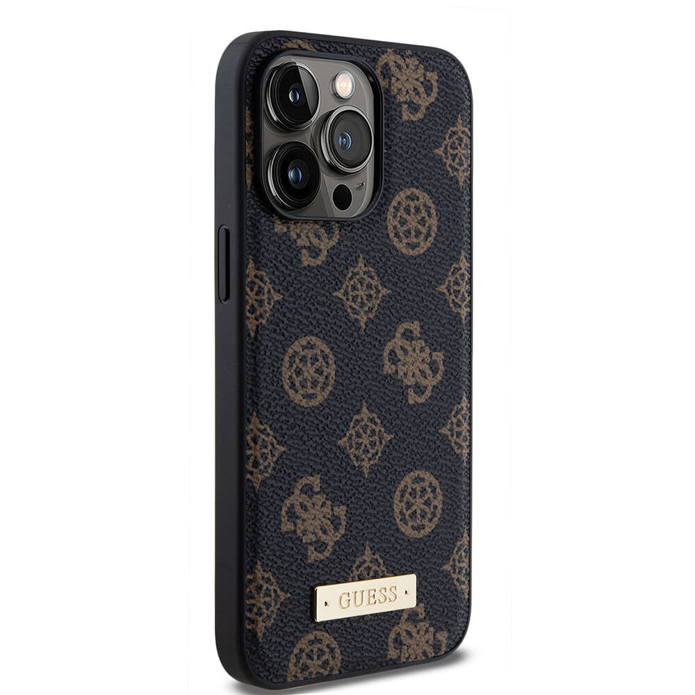 iPhone 14 Pro Max Kılıf Guess M-safe Şarj Özellikli PU Deri Desenli Metal Plaka Logolu Kapak