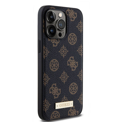 iPhone 14 Pro Max Kılıf Guess M-safe Şarj Özellikli PU Deri Desenli Metal Plaka Logolu Kapak
