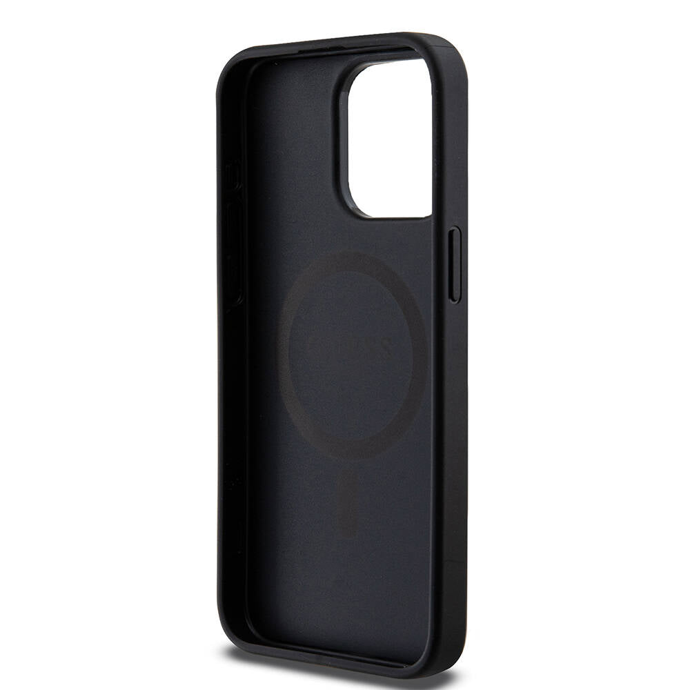 iPhone 14 Pro Max Kılıf Guess M-safe Şarj Özellikli PU Deri Desenli Metal Plaka Logolu Kapak