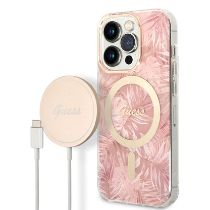 iPhone 14 Pro Max Kılıf GUESS M-safe Şarj Özellikli Yaprak Desenli M-safe Şarj Kablolu Kapak