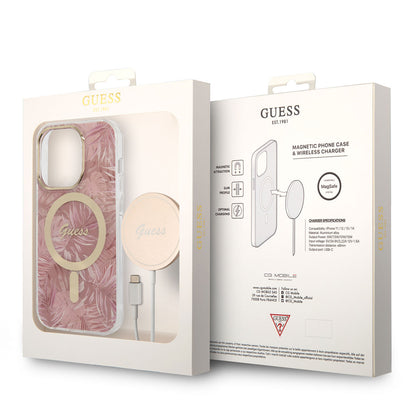 iPhone 14 Pro Max Kılıf GUESS M-safe Şarj Özellikli Yaprak Desenli M-safe Şarj Kablolu Kapak