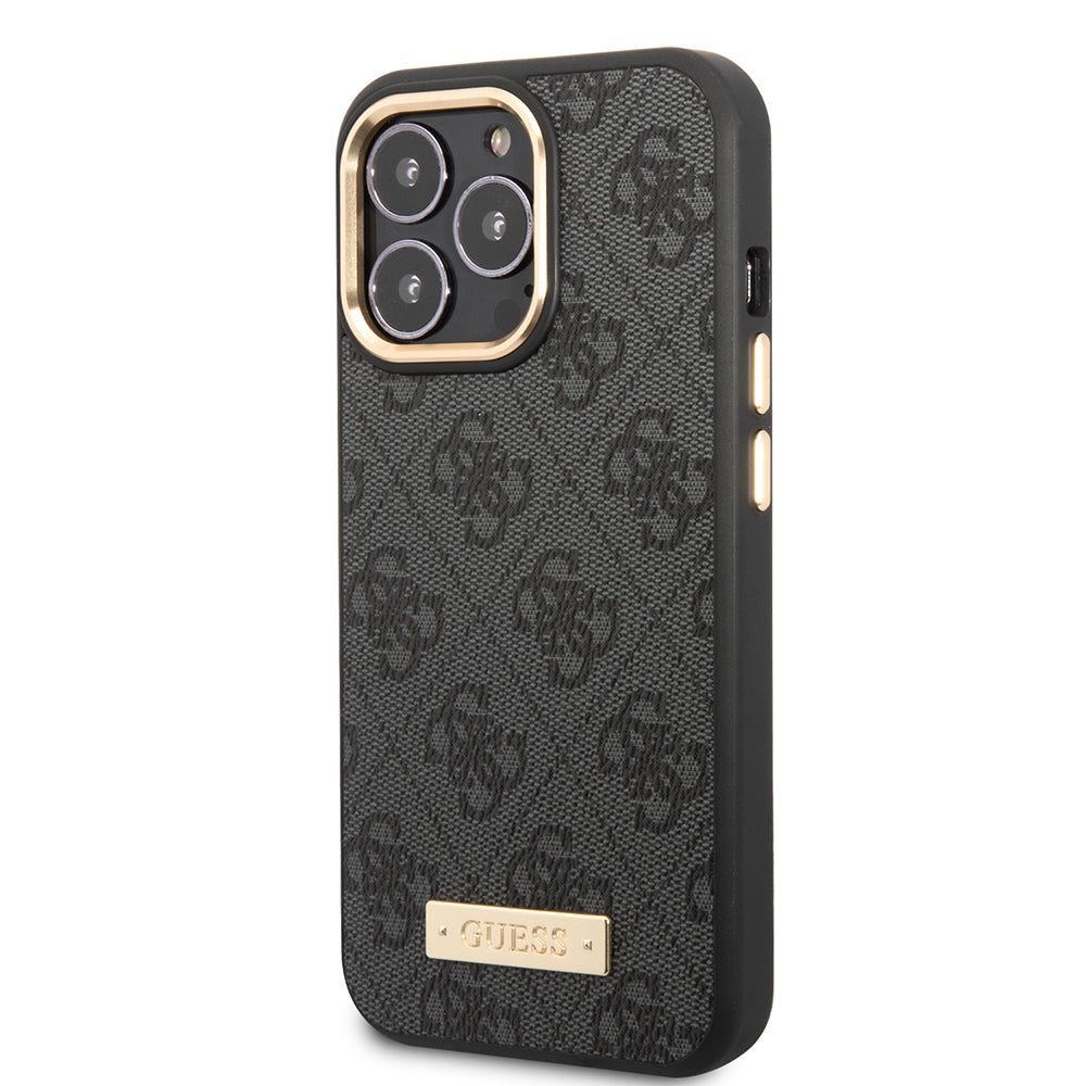 iPhone 14 Pro Max Kılıf Guess Orjinal Lisanslı M-safe Şarj Özellikli 4G Desenli PU Metal Plaka Klasik Logolu Kapak