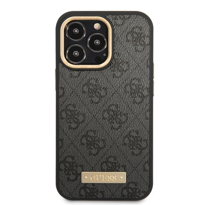 iPhone 14 Pro Max Kılıf Guess Orjinal Lisanslı M-safe Şarj Özellikli 4G Desenli PU Metal Plaka Klasik Logolu Kapak