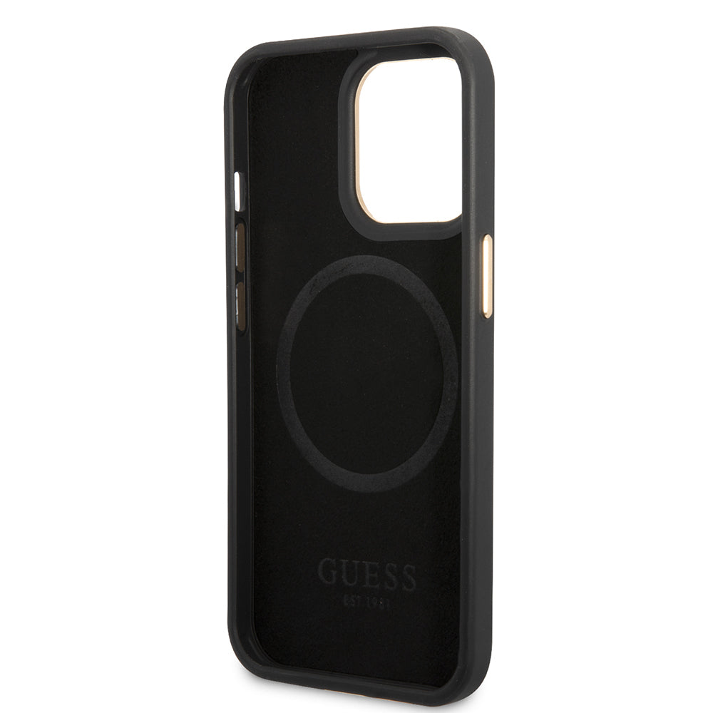 iPhone 14 Pro Max Kılıf Guess Orjinal Lisanslı M-safe Şarj Özellikli 4G Desenli PU Metal Plaka Klasik Logolu Kapak