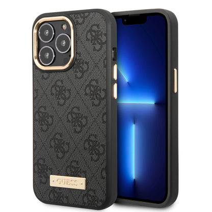 iPhone 14 Pro Max Kılıf Guess Orjinal Lisanslı M-safe Şarj Özellikli 4G Desenli PU Metal Plaka Klasik Logolu Kapak