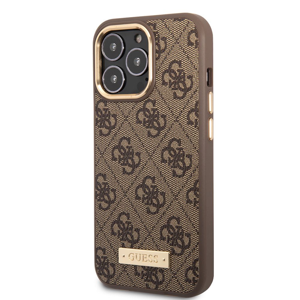 iPhone 14 Pro Max Kılıf Guess Orjinal Lisanslı M-safe Şarj Özellikli 4G Desenli PU Metal Plaka Klasik Logolu Kapak