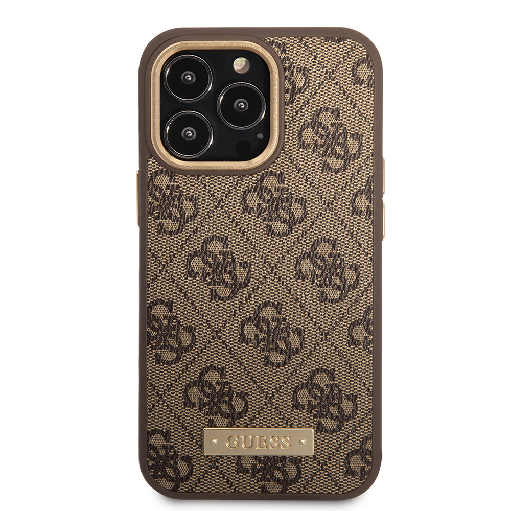 iPhone 14 Pro Max Kılıf Guess Orjinal Lisanslı M-safe Şarj Özellikli 4G Desenli PU Metal Plaka Klasik Logolu Kapak