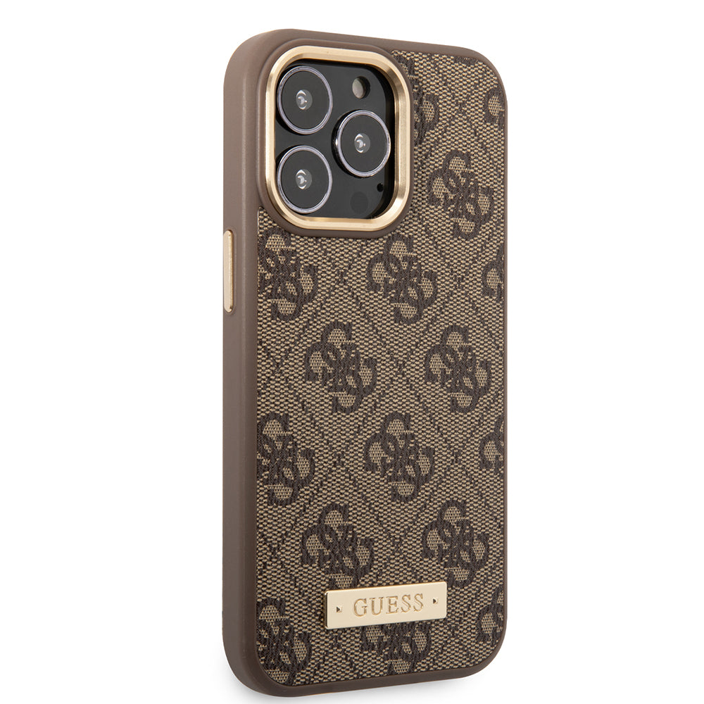 iPhone 14 Pro Max Kılıf Guess Orjinal Lisanslı M-safe Şarj Özellikli 4G Desenli PU Metal Plaka Klasik Logolu Kapak