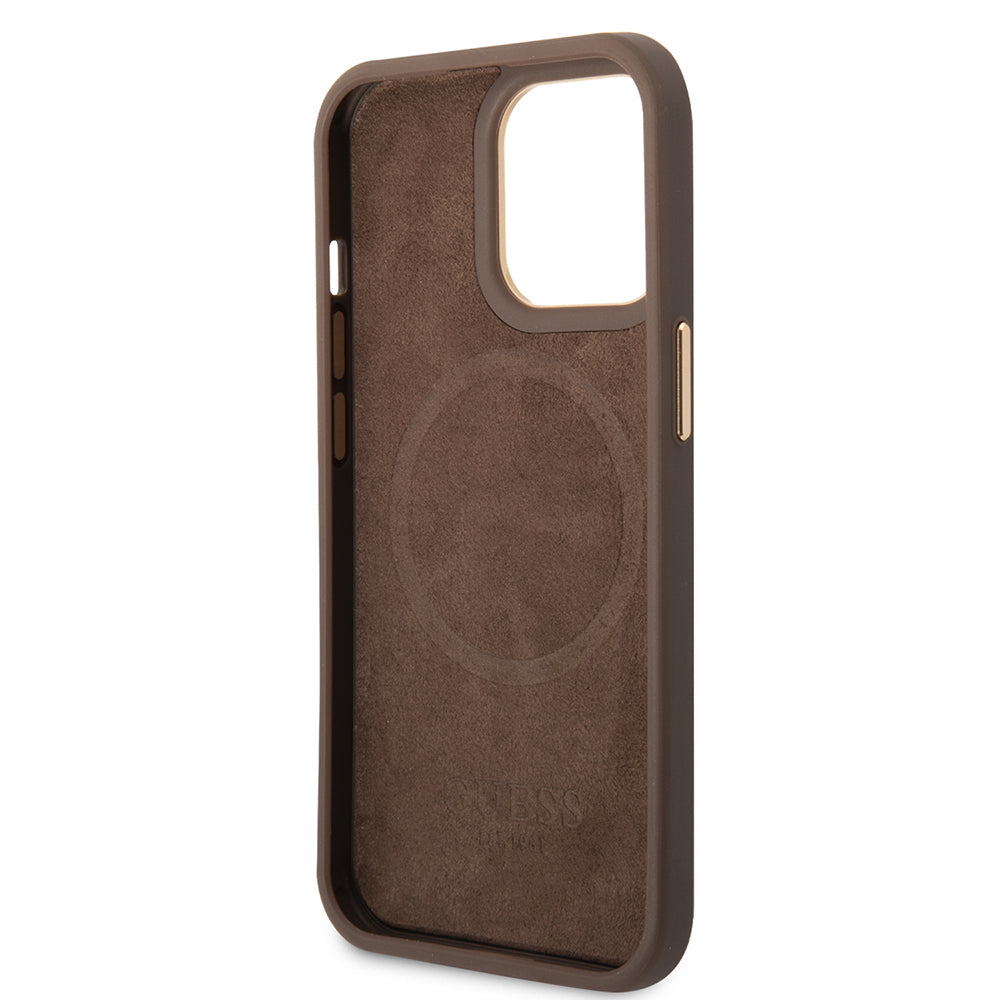 iPhone 14 Pro Max Kılıf Guess Orjinal Lisanslı M-safe Şarj Özellikli 4G Desenli PU Metal Plaka Klasik Logolu Kapak