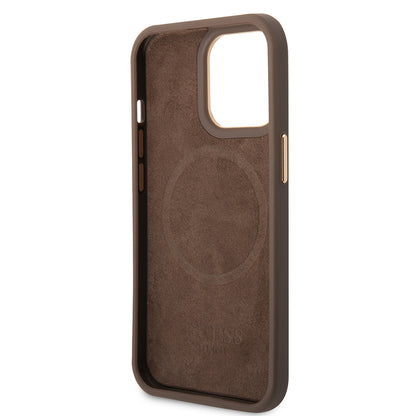 iPhone 14 Pro Max Kılıf Guess Orjinal Lisanslı M-safe Şarj Özellikli 4G Desenli PU Metal Plaka Klasik Logolu Kapak