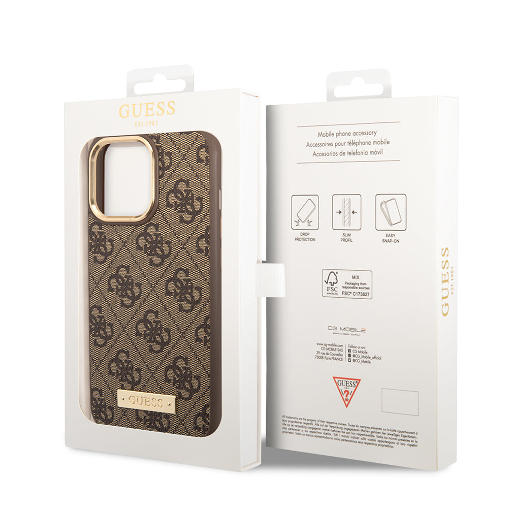 iPhone 14 Pro Max Kılıf Guess Orjinal Lisanslı M-safe Şarj Özellikli 4G Desenli PU Metal Plaka Klasik Logolu Kapak