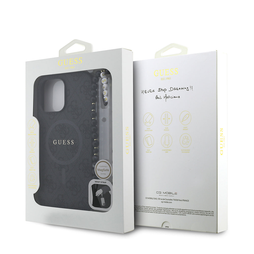 iPhone 14 Pro Max Kılıf Guess Orjinal Lisanslı M-safe Şarj Özellikli PU Deri Bilek Askı İpli Yazı Logolu Kapak