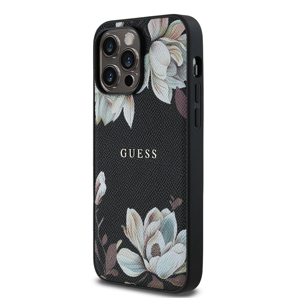 iPhone 14 Pro Max Kılıf Guess Orjinal Lisanslı M-safe Şarj Özellikli Taneli Çiçek Tasarımlı Metal Yazı Logolu Kapak