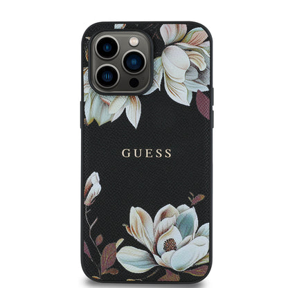 iPhone 14 Pro Max Kılıf Guess Orjinal Lisanslı M-safe Şarj Özellikli Taneli Çiçek Tasarımlı Metal Yazı Logolu Kapak