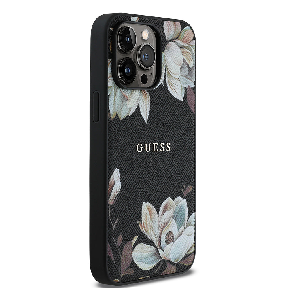 iPhone 14 Pro Max Kılıf Guess Orjinal Lisanslı M-safe Şarj Özellikli Taneli Çiçek Tasarımlı Metal Yazı Logolu Kapak