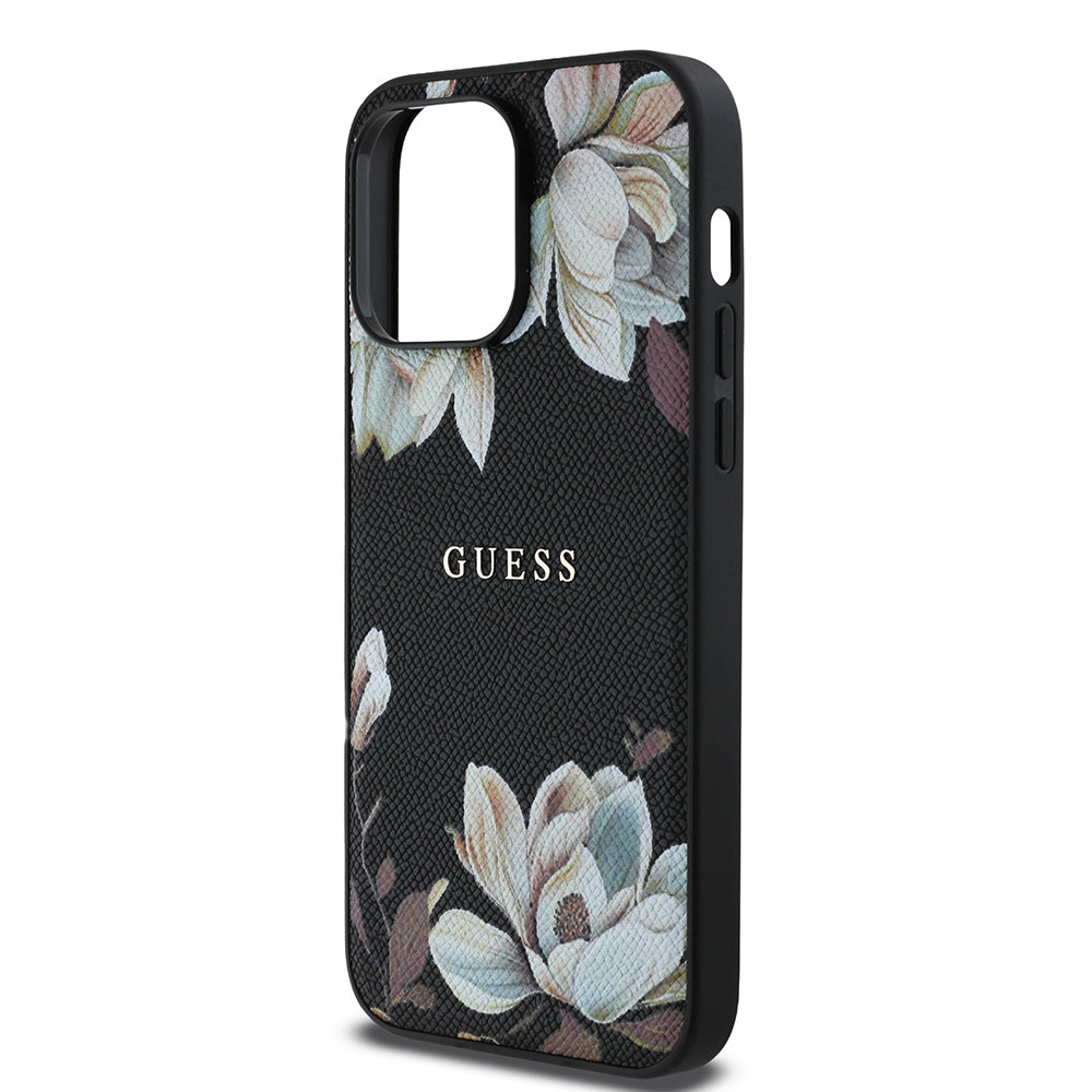 iPhone 14 Pro Max Kılıf Guess Orjinal Lisanslı M-safe Şarj Özellikli Taneli Çiçek Tasarımlı Metal Yazı Logolu Kapak