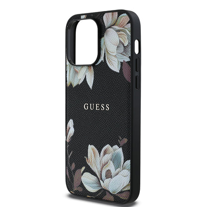 iPhone 14 Pro Max Kılıf Guess Orjinal Lisanslı M-safe Şarj Özellikli Taneli Çiçek Tasarımlı Metal Yazı Logolu Kapak