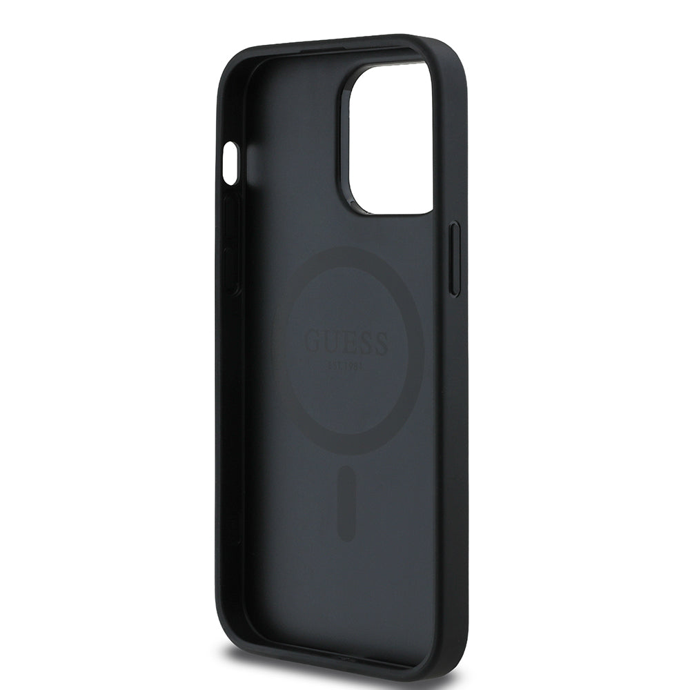 iPhone 14 Pro Max Kılıf Guess Orjinal Lisanslı M-safe Şarj Özellikli Taneli Çiçek Tasarımlı Metal Yazı Logolu Kapak