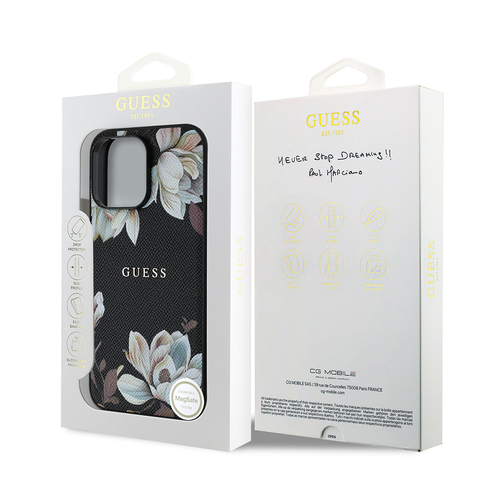 iPhone 14 Pro Max Kılıf Guess Orjinal Lisanslı M-safe Şarj Özellikli Taneli Çiçek Tasarımlı Metal Yazı Logolu Kapak