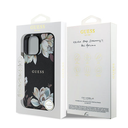 iPhone 14 Pro Max Kılıf Guess Orjinal Lisanslı M-safe Şarj Özellikli Taneli Çiçek Tasarımlı Metal Yazı Logolu Kapak