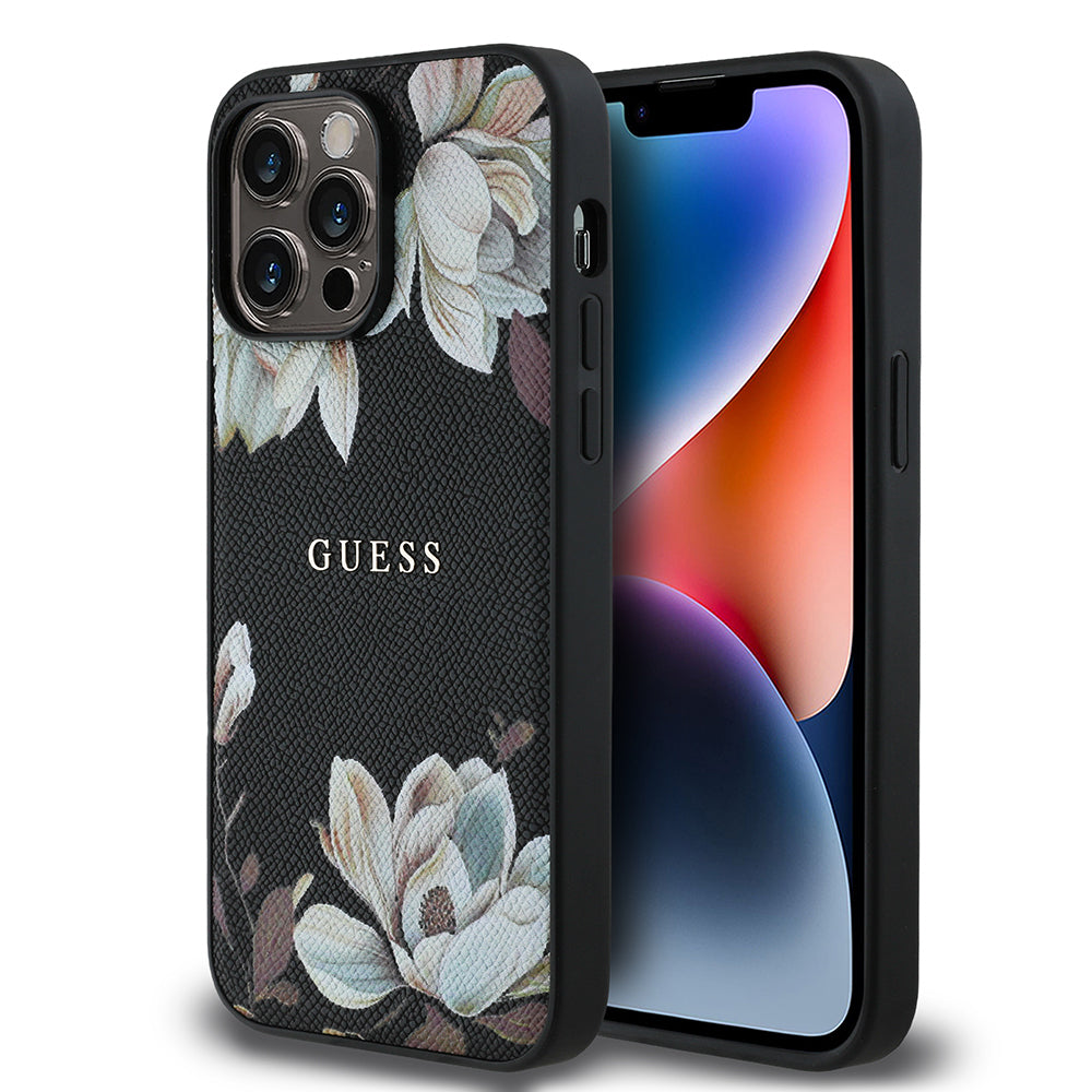 iPhone 14 Pro Max Kılıf Guess Orjinal Lisanslı M-safe Şarj Özellikli Taneli Çiçek Tasarımlı Metal Yazı Logolu Kapak