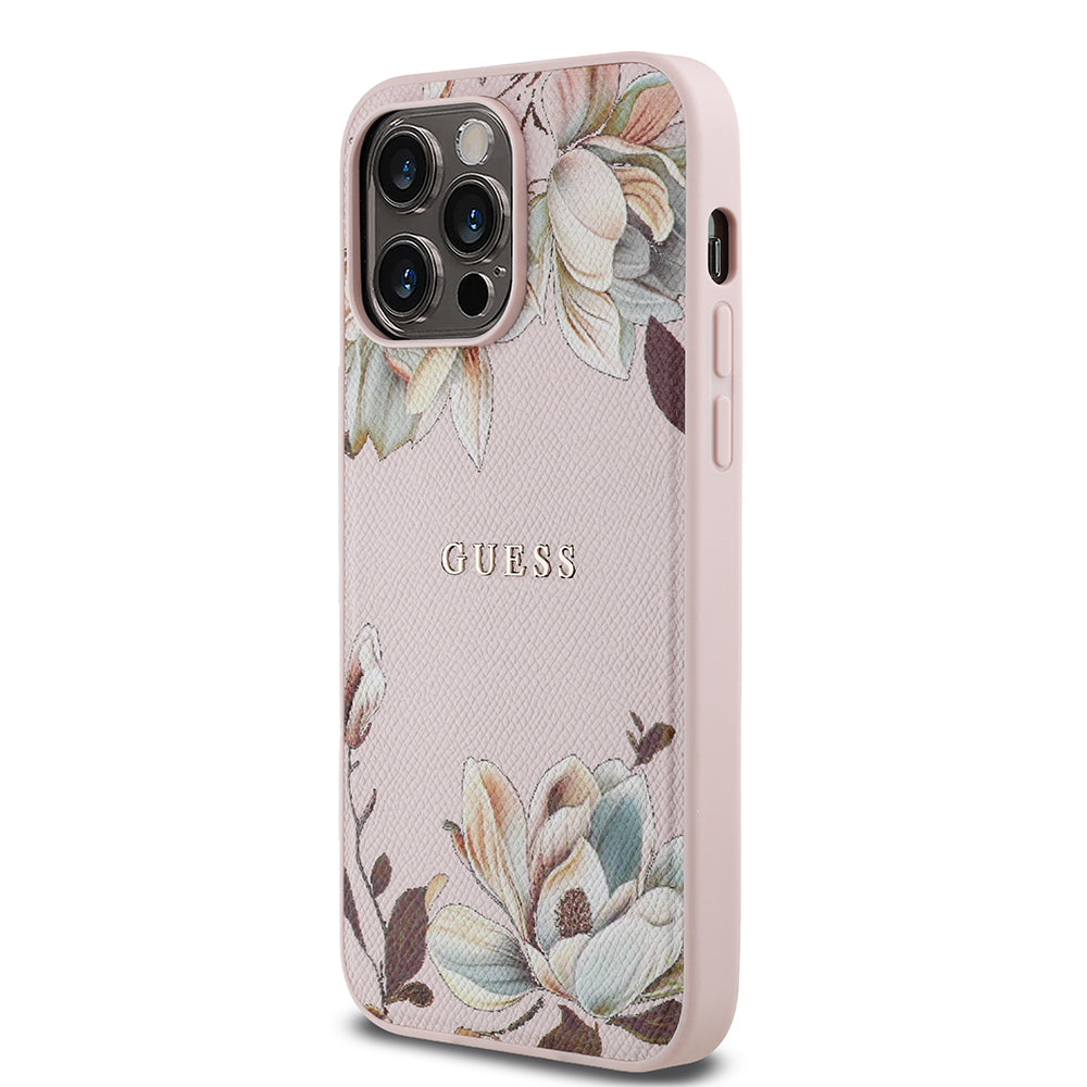 iPhone 14 Pro Max Kılıf Guess Orjinal Lisanslı M-safe Şarj Özellikli Taneli Çiçek Tasarımlı Metal Yazı Logolu Kapak
