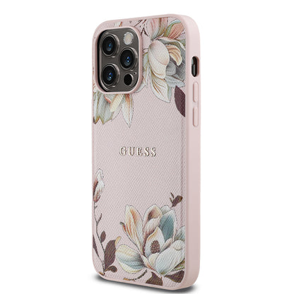 iPhone 14 Pro Max Kılıf Guess Orjinal Lisanslı M-safe Şarj Özellikli Taneli Çiçek Tasarımlı Metal Yazı Logolu Kapak