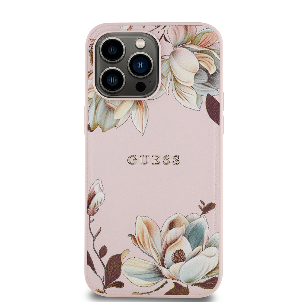 iPhone 14 Pro Max Kılıf Guess Orjinal Lisanslı M-safe Şarj Özellikli Taneli Çiçek Tasarımlı Metal Yazı Logolu Kapak