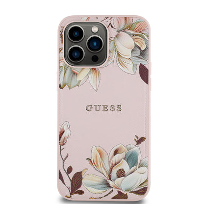 iPhone 14 Pro Max Kılıf Guess Orjinal Lisanslı M-safe Şarj Özellikli Taneli Çiçek Tasarımlı Metal Yazı Logolu Kapak
