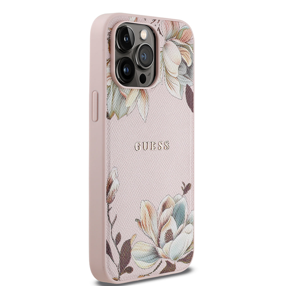 iPhone 14 Pro Max Kılıf Guess Orjinal Lisanslı M-safe Şarj Özellikli Taneli Çiçek Tasarımlı Metal Yazı Logolu Kapak