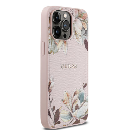 iPhone 14 Pro Max Kılıf Guess Orjinal Lisanslı M-safe Şarj Özellikli Taneli Çiçek Tasarımlı Metal Yazı Logolu Kapak
