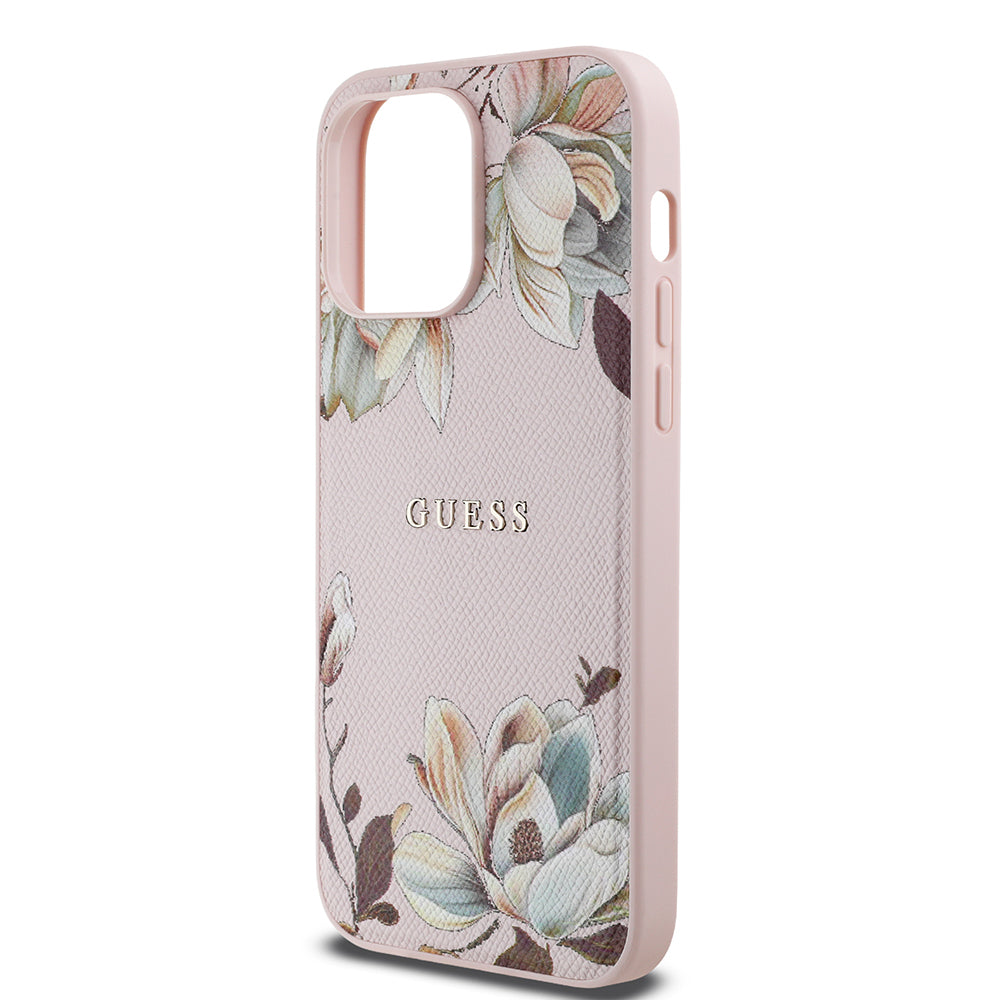 iPhone 14 Pro Max Kılıf Guess Orjinal Lisanslı M-safe Şarj Özellikli Taneli Çiçek Tasarımlı Metal Yazı Logolu Kapak