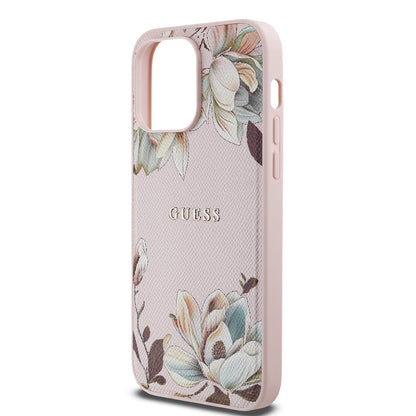 iPhone 14 Pro Max Kılıf Guess Orjinal Lisanslı M-safe Şarj Özellikli Taneli Çiçek Tasarımlı Metal Yazı Logolu Kapak
