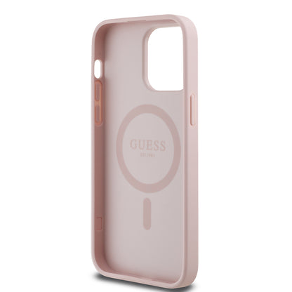 iPhone 14 Pro Max Kılıf Guess Orjinal Lisanslı M-safe Şarj Özellikli Taneli Çiçek Tasarımlı Metal Yazı Logolu Kapak