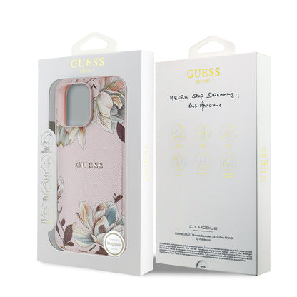 iPhone 14 Pro Max Kılıf Guess Orjinal Lisanslı M-safe Şarj Özellikli Taneli Çiçek Tasarımlı Metal Yazı Logolu Kapak