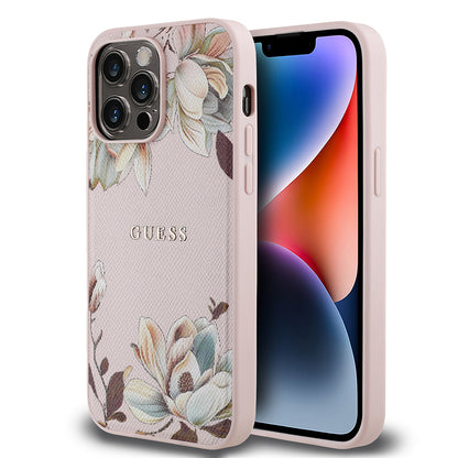 iPhone 14 Pro Max Kılıf Guess Orjinal Lisanslı M-safe Şarj Özellikli Taneli Çiçek Tasarımlı Metal Yazı Logolu Kapak