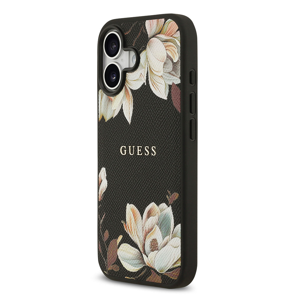 iPhone 17 Kılıf Guess Orjinal Lisanslı M-safe Şarj Özellikli Taneli Çiçek Tasarımlı Metal Yazı Logolu Kapak