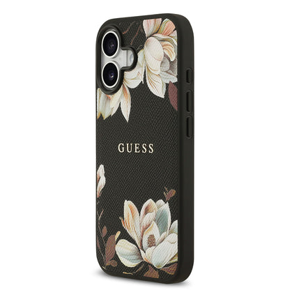 iPhone 17 Kılıf Guess Orjinal Lisanslı M-safe Şarj Özellikli Taneli Çiçek Tasarımlı Metal Yazı Logolu Kapak