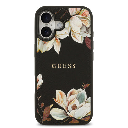 iPhone 17 Kılıf Guess Orjinal Lisanslı M-safe Şarj Özellikli Taneli Çiçek Tasarımlı Metal Yazı Logolu Kapak