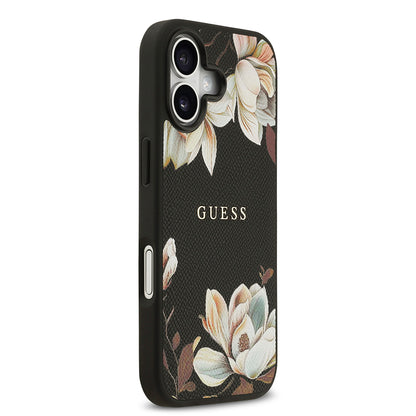 iPhone 17 Kılıf Guess Orjinal Lisanslı M-safe Şarj Özellikli Taneli Çiçek Tasarımlı Metal Yazı Logolu Kapak