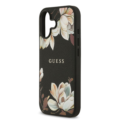 iPhone 17 Kılıf Guess Orjinal Lisanslı M-safe Şarj Özellikli Taneli Çiçek Tasarımlı Metal Yazı Logolu Kapak